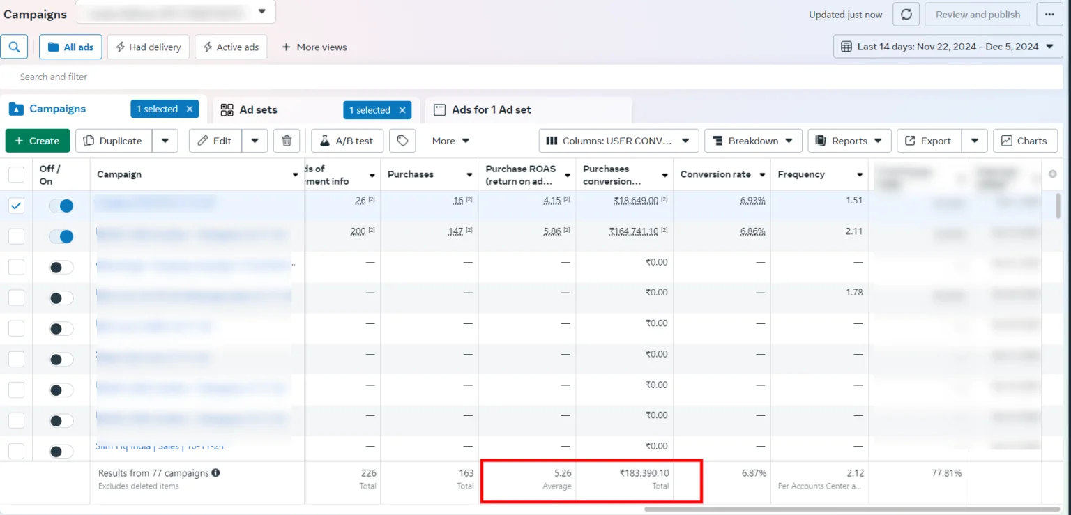 Meta Ads campaign results from November 22 to December 5 2024